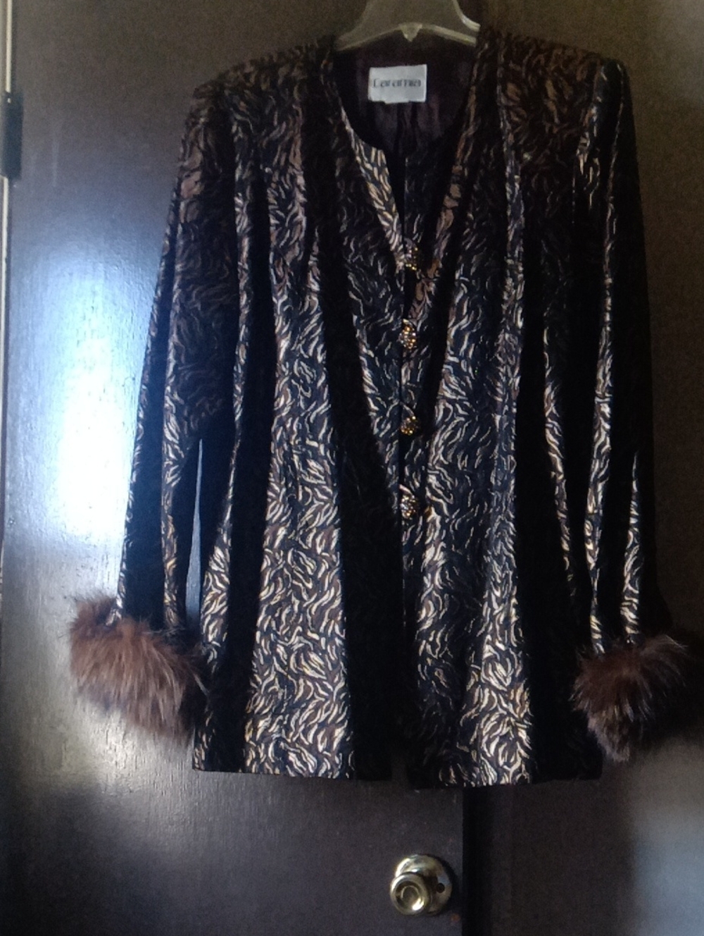 Caramia Black Velvet Jacket with Gold Brocade and Fur Cuffs